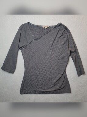 Brooks Brothers Womens Asymmetrical Striped Blouse 3/4 Sleeve Sz S Navy & White